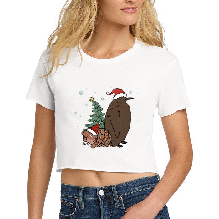 Moo Deng And Pesto Christmas Tree Cute Xmas Hippo Women's Crop Top Tee
