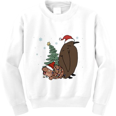 Moo Deng And Pesto Christmas Tree Cute Xmas Hippo Kids Sweatshirt