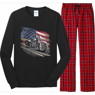 Motorcycle Distressed American Flag Long Sleeve Pajama Set