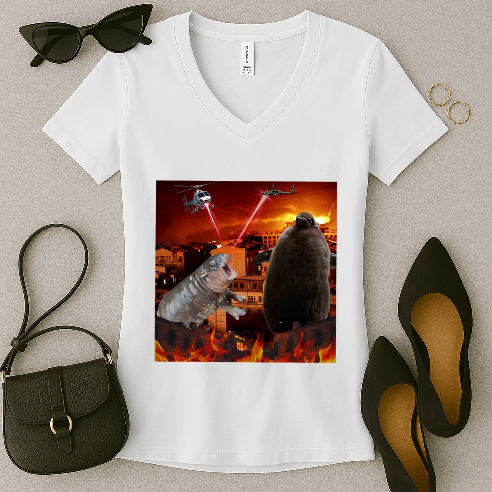 Moo Deng And Pesto Battle Women's V-Neck T-Shirt