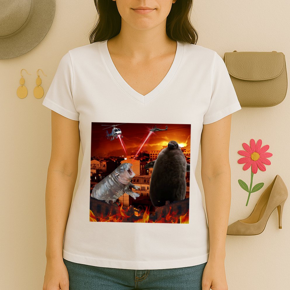 Moo Deng And Pesto Battle Women's V-Neck T-Shirt
