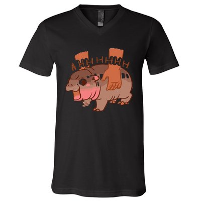 Moo Deng Bouncy Pig In Thai Picture The Cute Baby Hippo V-Neck T-Shirt