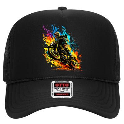 Motocross Dirt Bike Racing Supercross Flying Jump Flames High Crown Mesh Back Trucker Hat