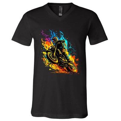 Motocross Dirt Bike Racing Supercross Flying Jump Flames V-Neck T-Shirt