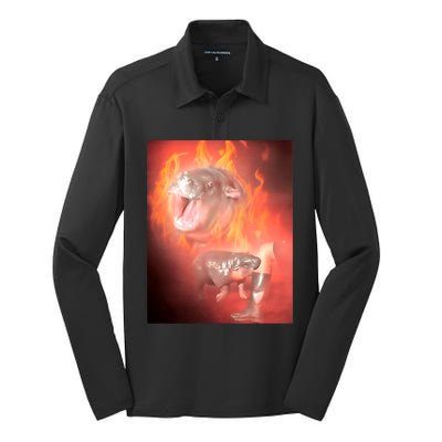 Moo Deng Bouncy Pig In Thai Fire Picture The Cute Baby Hippo Silk Touch Performance Long Sleeve Polo