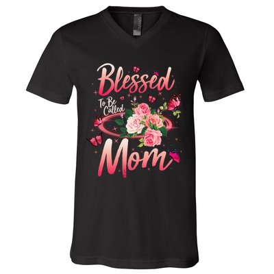Mother's Day Blessed To Be Called Mom Butterflies And Roses V-Neck T-Shirt