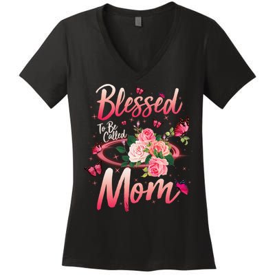 Mother's Day Blessed To Be Called Mom Butterflies And Roses Women's V-Neck T-Shirt