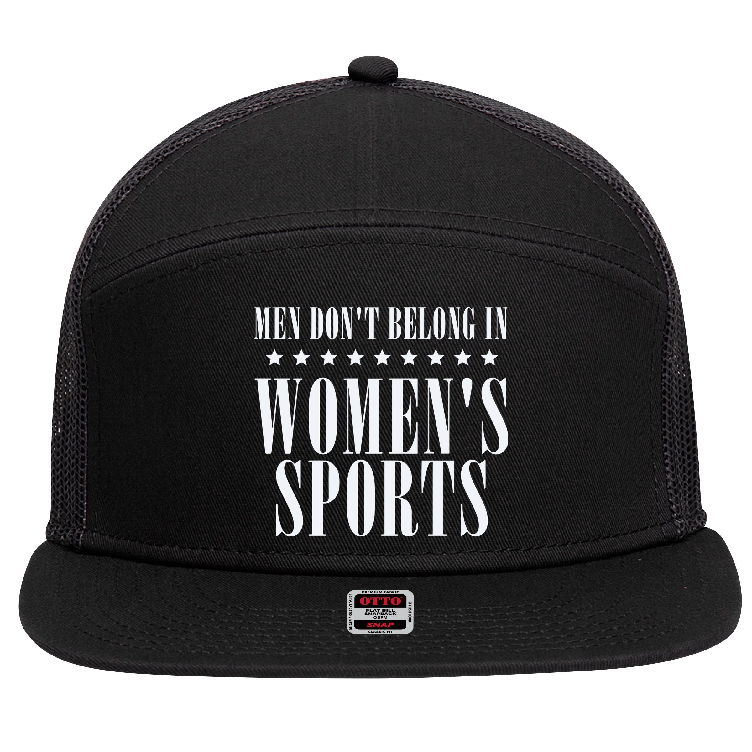 Man Dont Belong In Woman Sports 7 Panel Mesh Trucker Snapback Hat