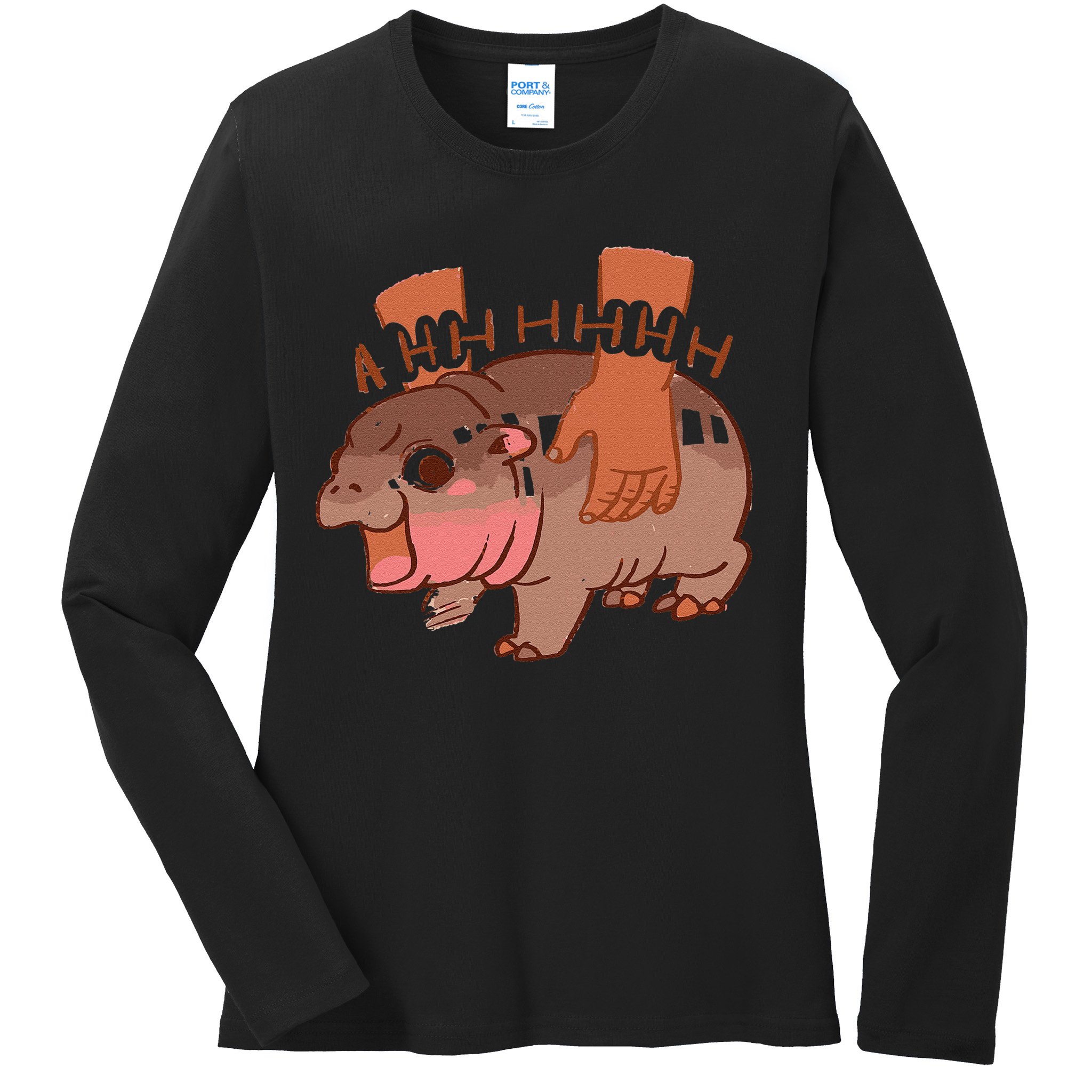 Moo Deng Bouncy Pig In Thai Picture The Cute Baby Hippo Gift Ladies Long Sleeve Shirt