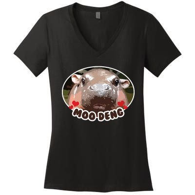 Moo Deng Bouncy Pig In Thai Picture The Cute Baby Hippo Women's V-Neck T-Shirt