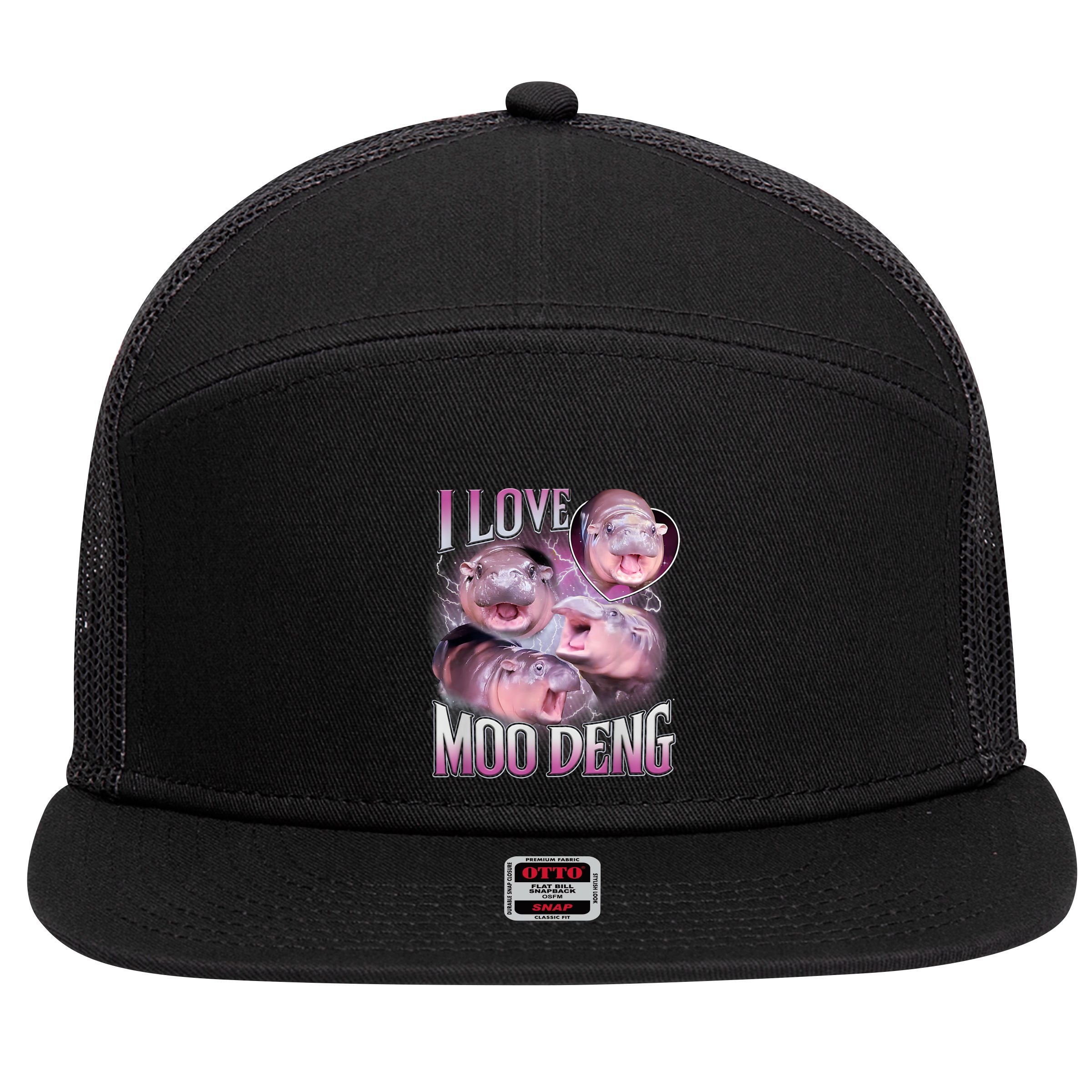 Moo Deng Baby Pygmy Hippos Thailand 7 Panel Mesh Trucker Snapback Hat