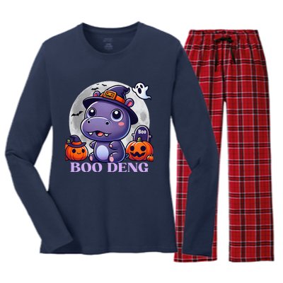 Moo Deng Bouncy Pig Baby Hippo Halloween Fun Women's Long Sleeve Flannel Pajama Set 