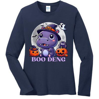 Moo Deng Bouncy Pig Baby Hippo Halloween Fun Ladies Long Sleeve Shirt