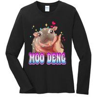 Moo Deng Bouncy Pig Cute Baby Pygmy Hippo Moodeng Lover Ladies Long Sleeve Shirt