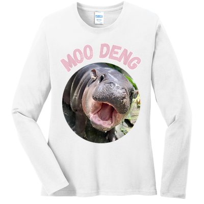 Moo Deng Bouncy Pig In Thai Picture The Cute Baby Hippo Gift Ladies Long Sleeve Shirt