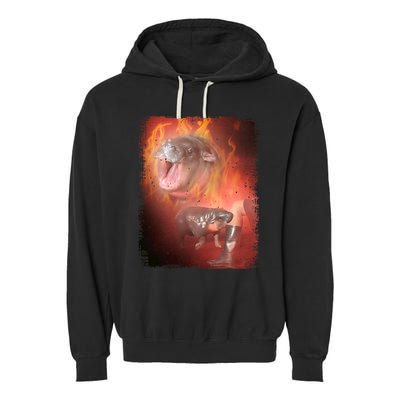 Moo Deng Bouncy Pig In Thai Fire Picture The Cute Baby Hippo Garment-Dyed Fleece Hoodie