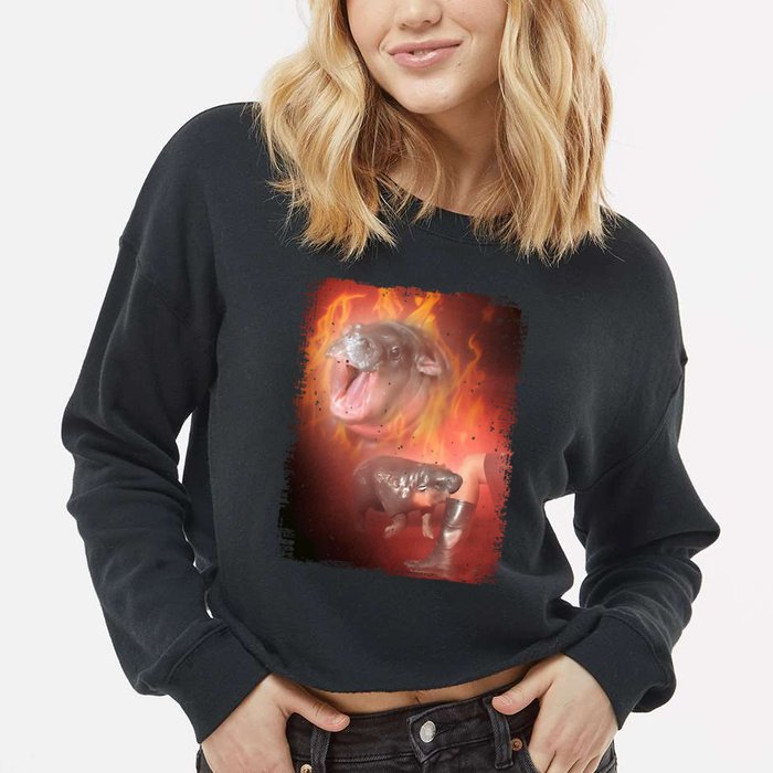 Moo Deng Bouncy Pig In Thai Fire Picture The Cute Baby Hippo Cropped Pullover Crew