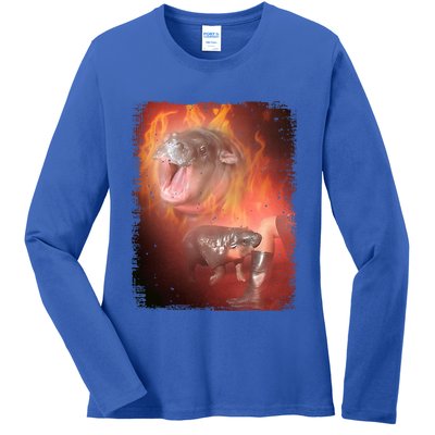 Moo Deng Bouncy Pig In Thai Fire Picture The Cute Baby Hippo Ladies Long Sleeve Shirt