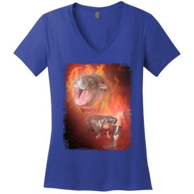 Moo Deng Bouncy Pig In Thai Fire Picture The Cute Baby Hippo Women's V-Neck T-Shirt