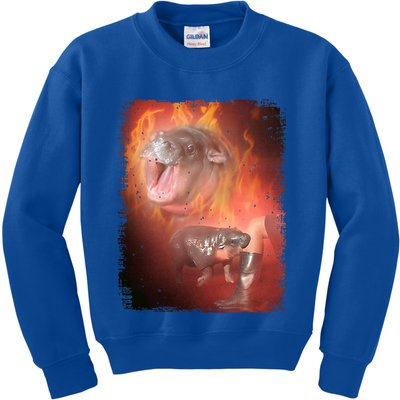 Moo Deng Bouncy Pig In Thai Fire Picture The Cute Baby Hippo Kids Sweatshirt