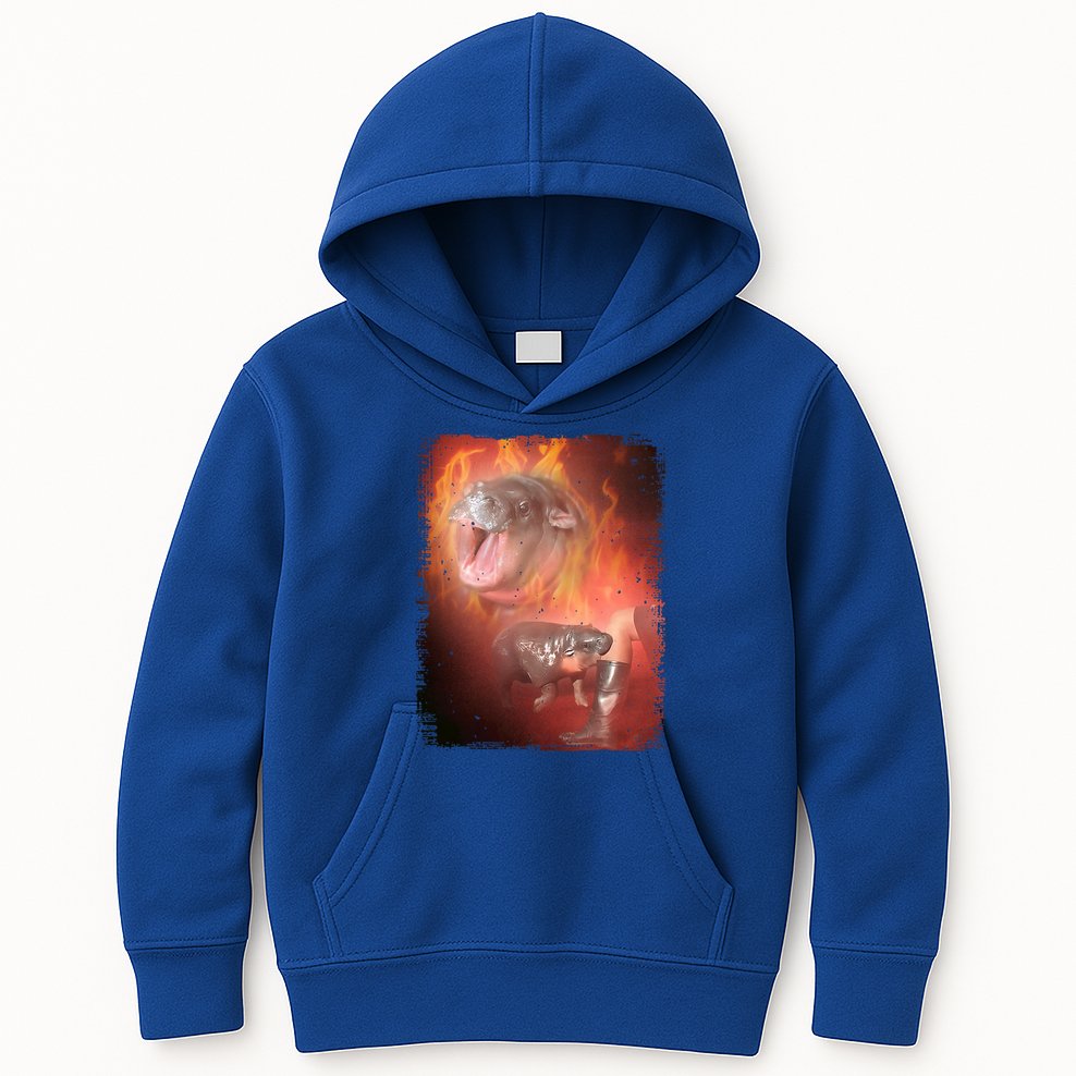 Moo Deng Bouncy Pig In Thai Fire Picture The Cute Baby Hippo Kids Hoodie