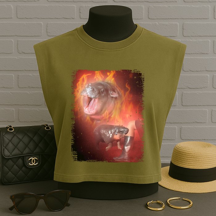 Moo Deng Bouncy Pig In Thai Fire Picture The Cute Baby Hippo Garment-Dyed Women's Muscle Tee
