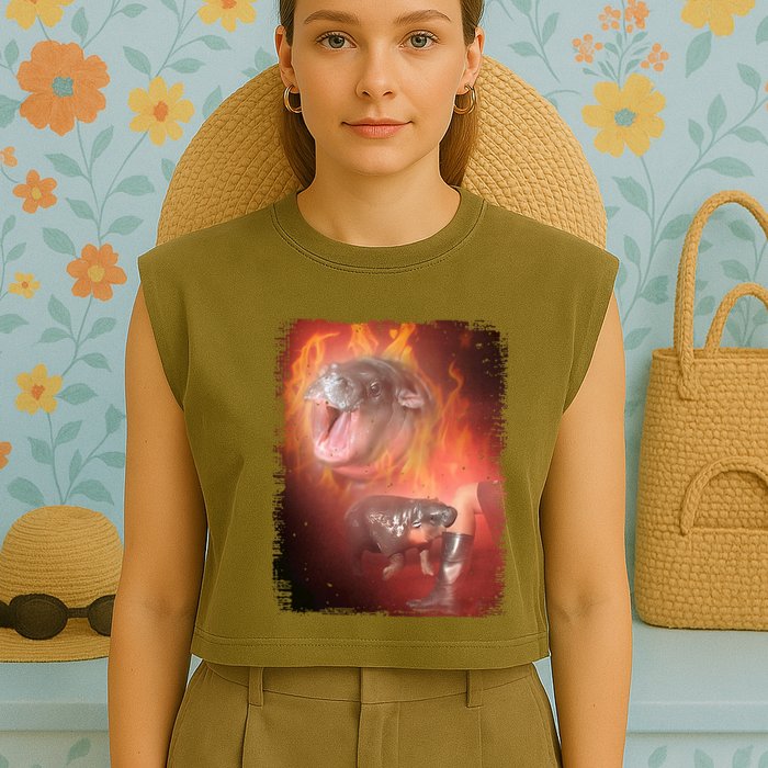 Moo Deng Bouncy Pig In Thai Fire Picture The Cute Baby Hippo Garment-Dyed Women's Muscle Tee