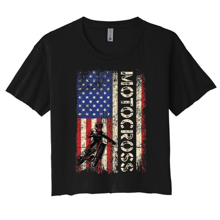 Motocross Dirt Bike American Usa Flag Women's Crop Top Tee