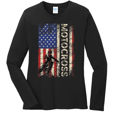 Motocross Dirt Bike American Usa Flag Ladies Long Sleeve Shirt