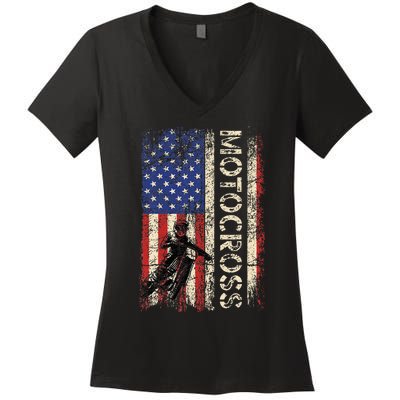 Motocross Dirt Bike American Usa Flag Women's V-Neck T-Shirt