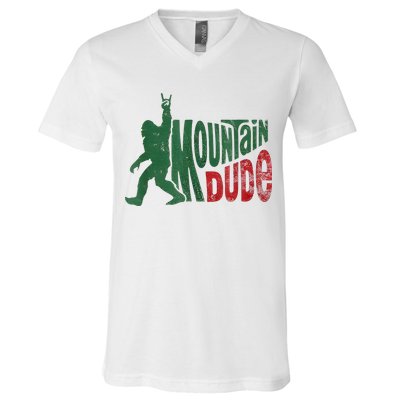 Mountain Dude Bigfoot Sasquatch Rock On V-Neck T-Shirt