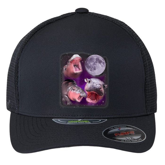Moo Deng Bouncy Pig In Thai Picture Howling Under The Moon Flexfit Unipanel Trucker Cap