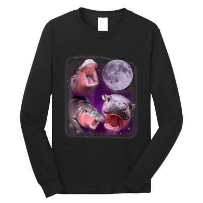 Moo Deng Bouncy Pig In Thai Picture Howling Under The Moon Long Sleeve Shirt