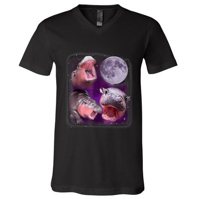 Moo Deng Bouncy Pig In Thai Picture Howling Under The Moon V-Neck T-Shirt