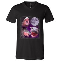 Moo Deng Bouncy Pig In Thai Picture Howling Under The Moon V-Neck T-Shirt