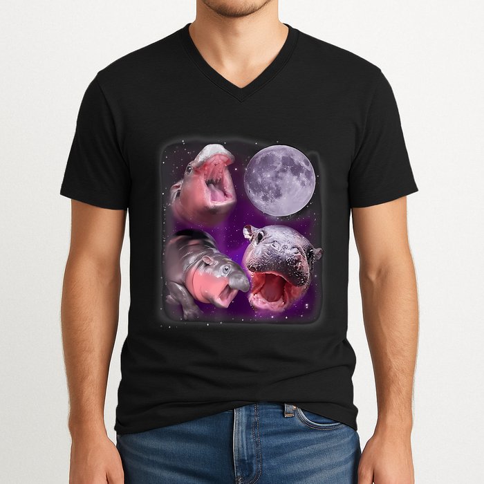 Moo Deng Bouncy Pig In Thai Picture Howling Under The Moon V-Neck T-Shirt