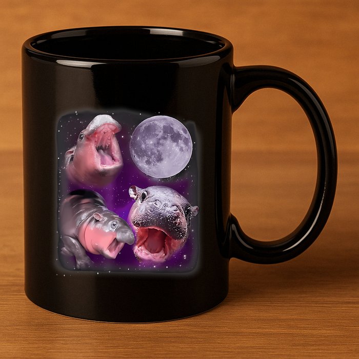 Moo Deng Bouncy Pig In Thai Picture Howling Under The Moon 11oz C Handle Ceramic Mug