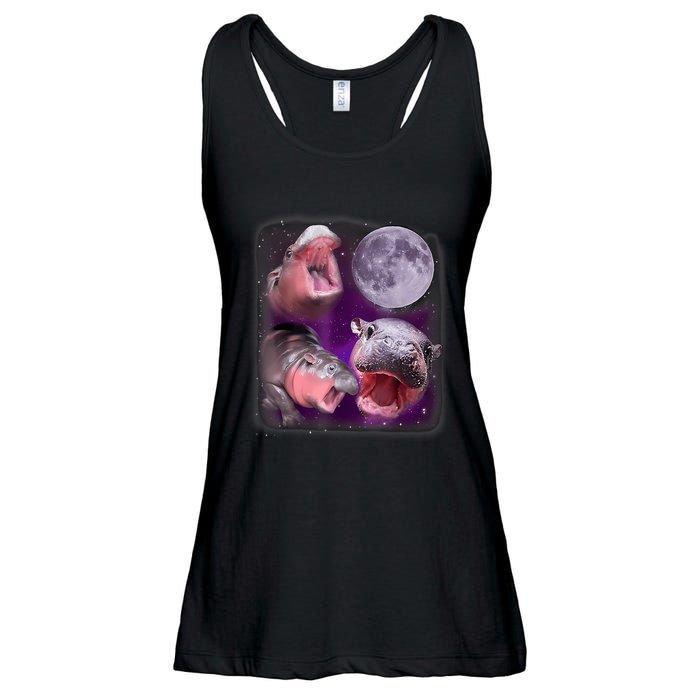 Moo Deng Bouncy Pig In Thai Picture Howling Under The Moon Ladies Essential Flowy Tank