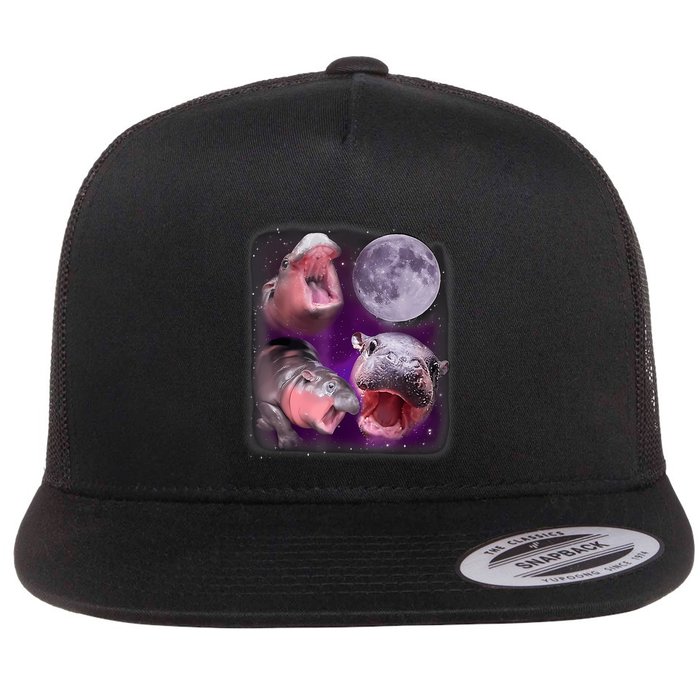Moo Deng Bouncy Pig In Thai Picture Howling Under The Moon Flat Bill Trucker Hat