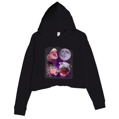 Moo Deng Bouncy Pig In Thai Picture Howling Under The Moon Crop Fleece Hoodie