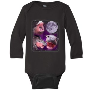 Moo Deng Bouncy Pig In Thai Picture Howling Under The Moon Baby Long Sleeve Bodysuit