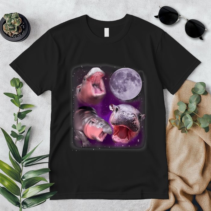 Moo Deng Bouncy Pig In Thai Picture Howling Under The Moon Premium T-Shirt