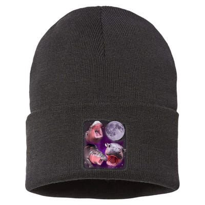 Moo Deng Bouncy Pig In Thai Picture Howling Under The Moon Sustainable Knit Beanie