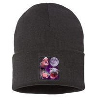 Moo Deng Bouncy Pig In Thai Picture Howling Under The Moon Sustainable Knit Beanie