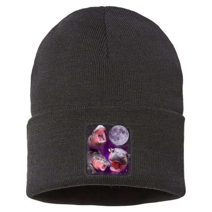 Moo Deng Bouncy Pig In Thai Picture Howling Under The Moon Sustainable Knit Beanie