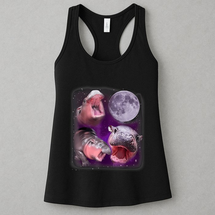 Moo Deng Bouncy Pig In Thai Picture Howling Under The Moon Womens Tank Top