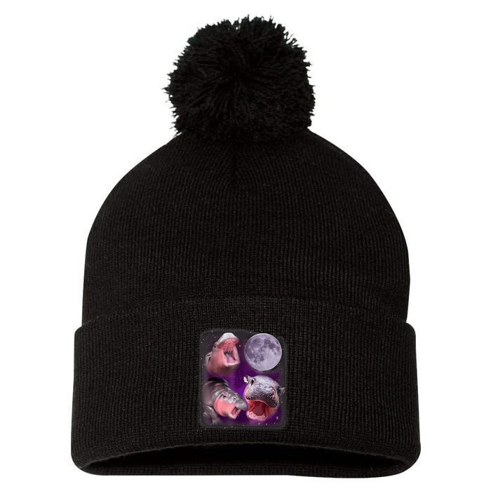 Moo Deng Bouncy Pig In Thai Picture Howling Under The Moon Pom Pom 12in Knit Beanie