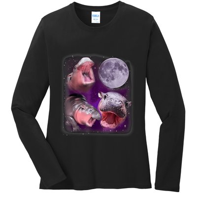 Moo Deng Bouncy Pig In Thai Picture Howling Under The Moon Ladies Long Sleeve Shirt