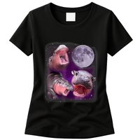 Moo Deng Bouncy Pig In Thai Picture Howling Under The Moon Womens T-Shirt