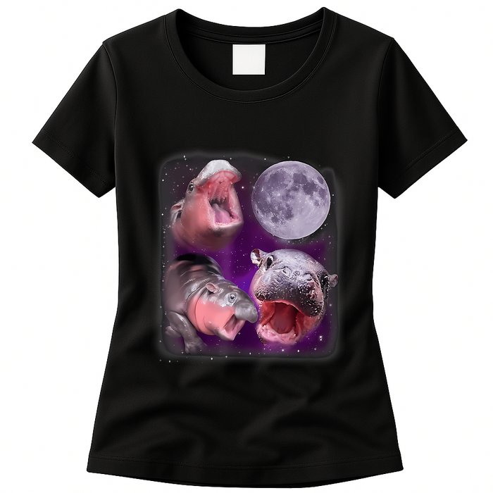 Moo Deng Bouncy Pig In Thai Picture Howling Under The Moon Womens T-Shirt